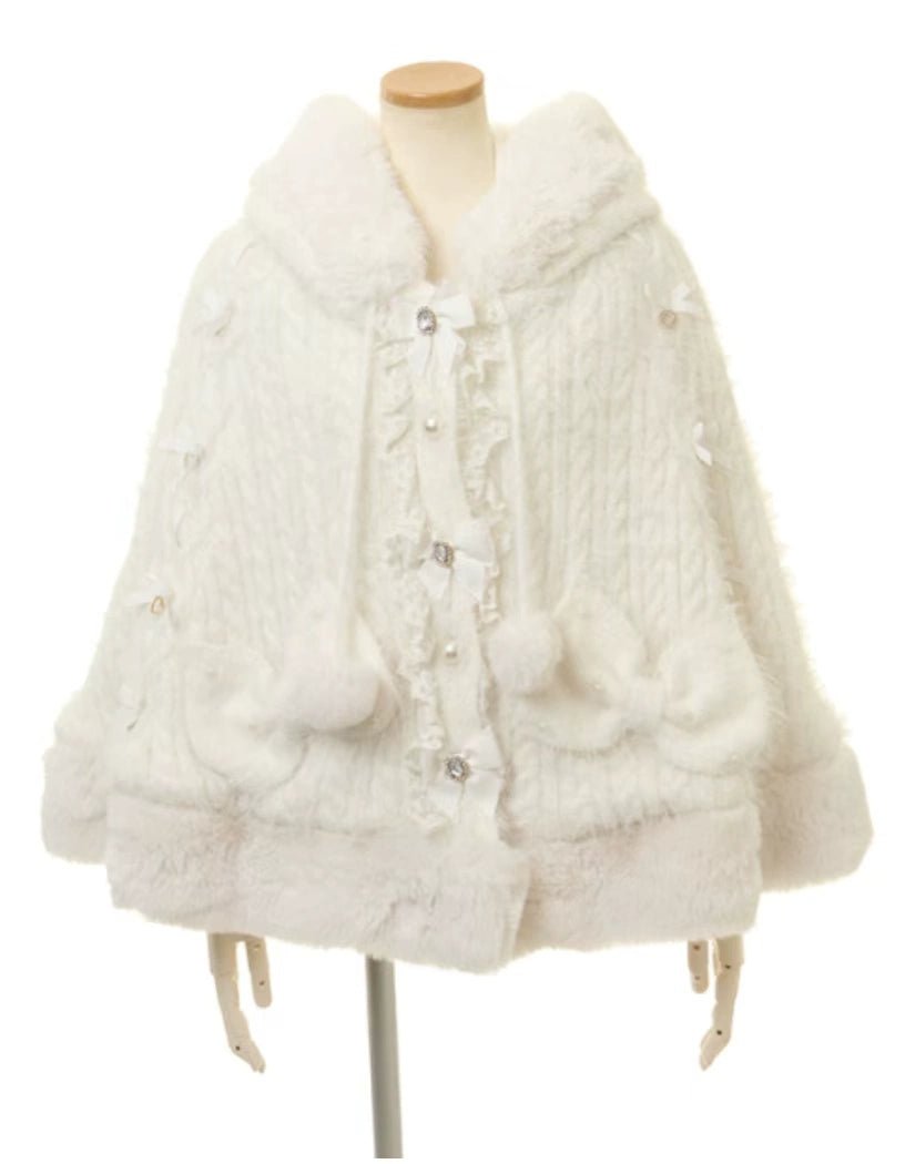 Japanese Liz Sweet Princess Faux Rabbit Fur Cape Coat Women Autumn Winter Fur Jacket Loose Clock Rhinestone Bow Hooded Coat - MAGUSTA BEAUTY
