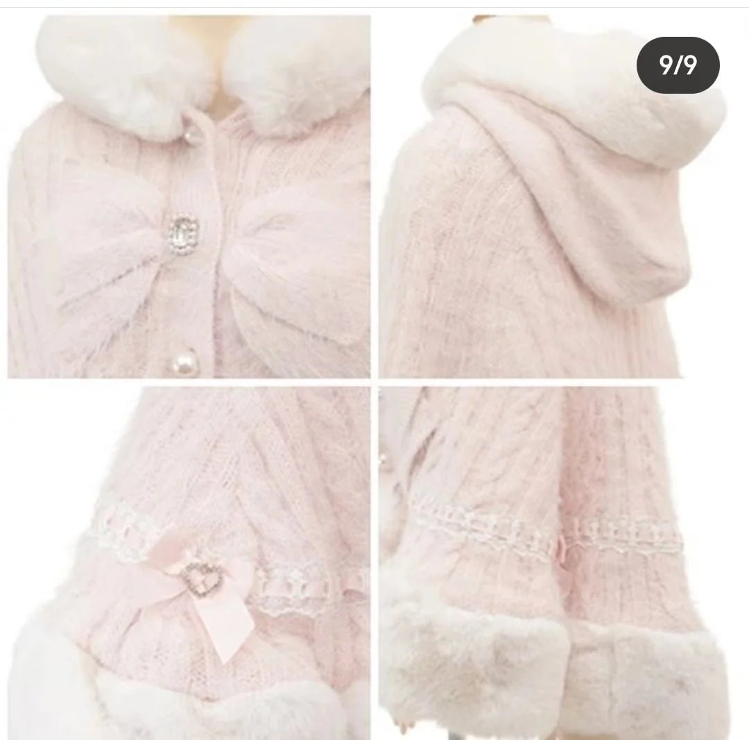 Japanese Liz Sweet Princess Faux Rabbit Fur Cape Coat Women Autumn Winter Fur Jacket Loose Clock Rhinestone Bow Hooded Coat - MAGUSTA BEAUTY
