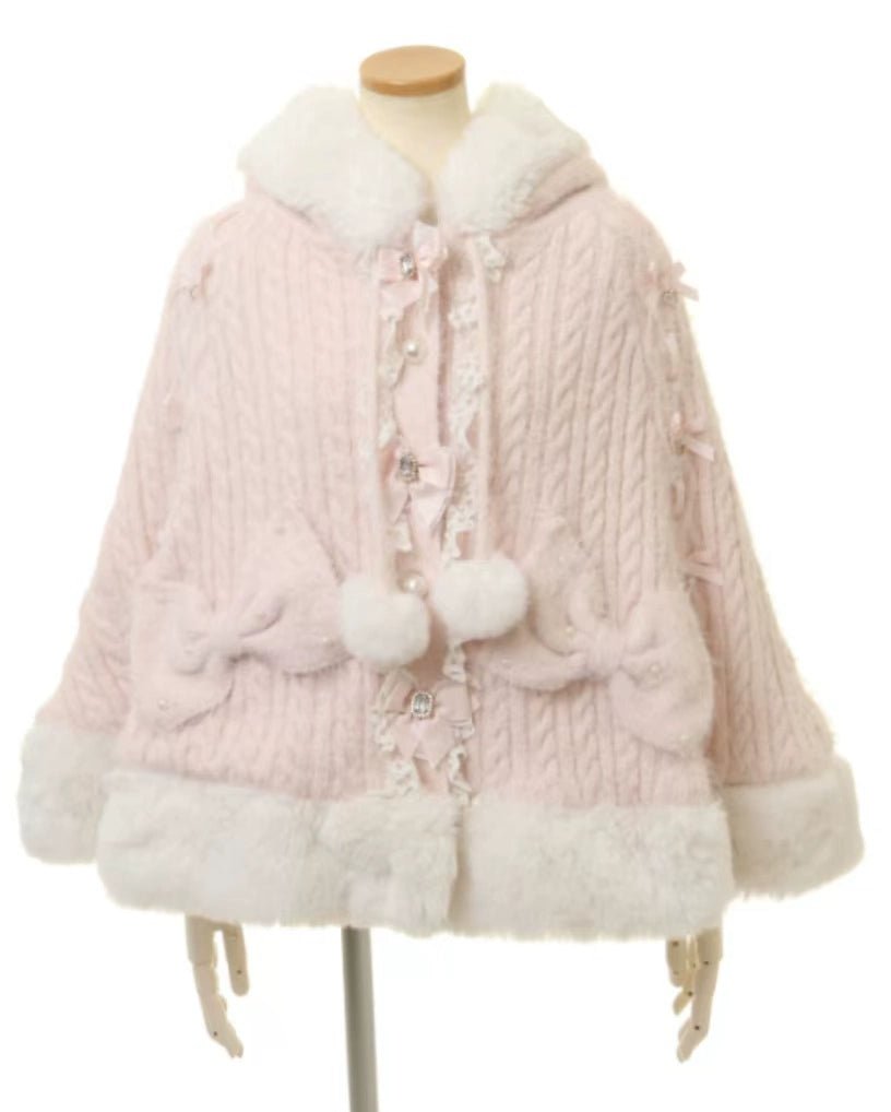 Japanese Liz Sweet Princess Faux Rabbit Fur Cape Coat Women Autumn Winter Fur Jacket Loose Clock Rhinestone Bow Hooded Coat - MAGUSTA BEAUTY