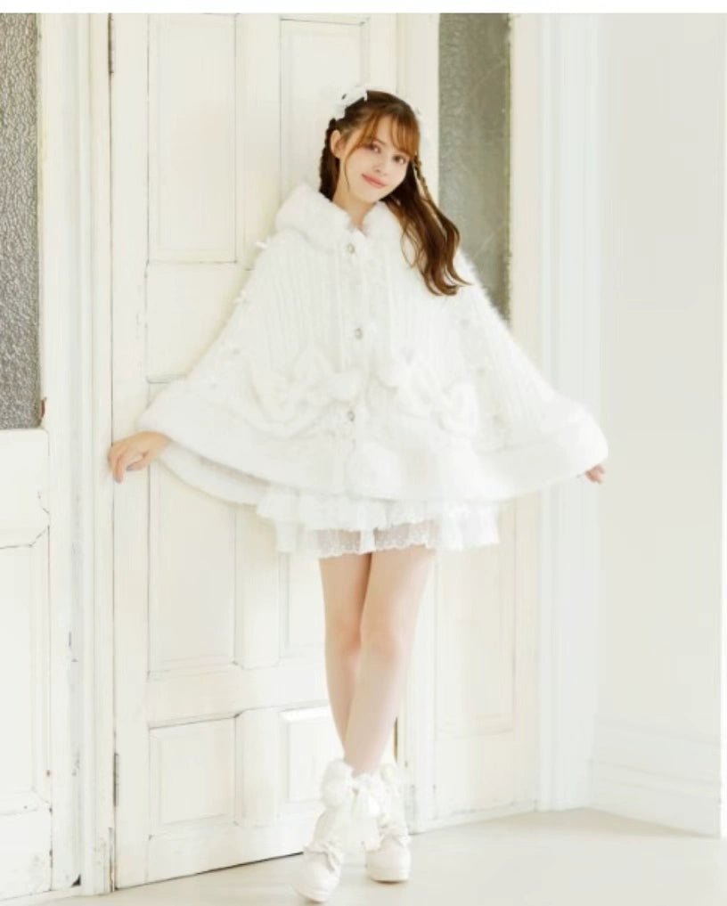 Japanese Liz Sweet Princess Faux Rabbit Fur Cape Coat Women Autumn Winter Fur Jacket Loose Clock Rhinestone Bow Hooded Coat - MAGUSTA BEAUTY