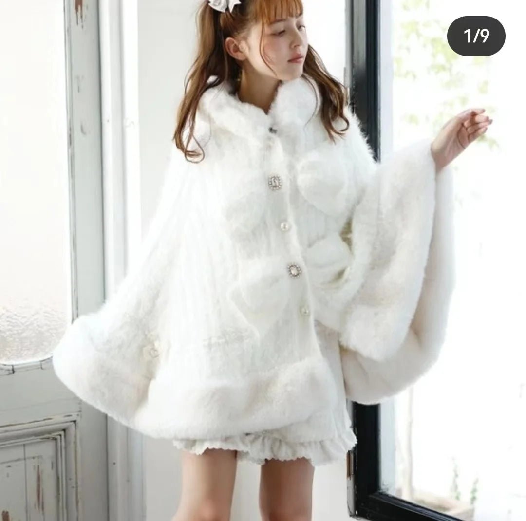 Japanese Liz Sweet Princess Faux Rabbit Fur Cape Coat Women Autumn Winter Fur Jacket Loose Clock Rhinestone Bow Hooded Coat - MAGUSTA BEAUTY