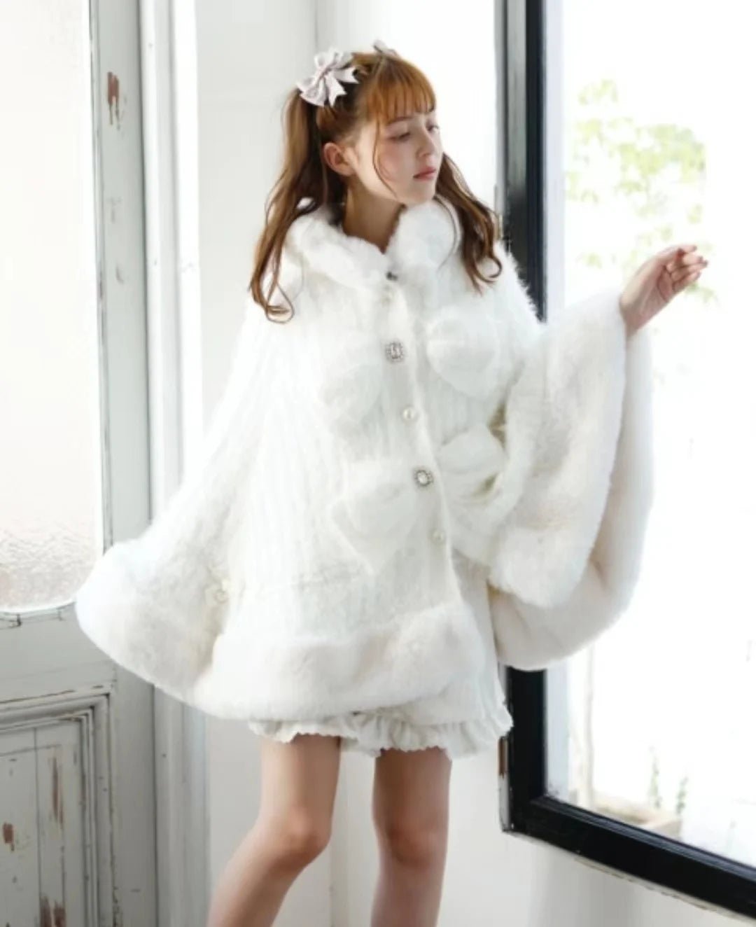Japanese Liz Sweet Princess Faux Rabbit Fur Cape Coat Women Autumn Winter Fur Jacket Loose Clock Rhinestone Bow Hooded Coat - MAGUSTA BEAUTY