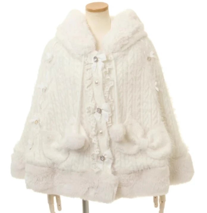 Japanese Liz Sweet Princess Faux Rabbit Fur Cape Coat Women Autumn Winter Fur Jacket Loose Clock Rhinestone Bow Hooded Coat - MAGUSTA BEAUTY