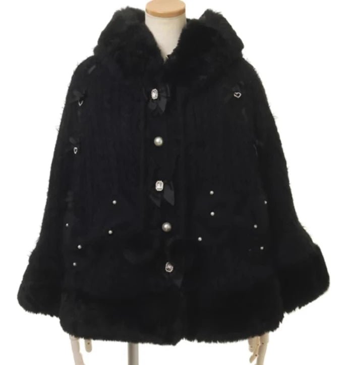 Japanese Liz Sweet Princess Faux Rabbit Fur Cape Coat Women Autumn Winter Fur Jacket Loose Clock Rhinestone Bow Hooded Coat - MAGUSTA BEAUTY