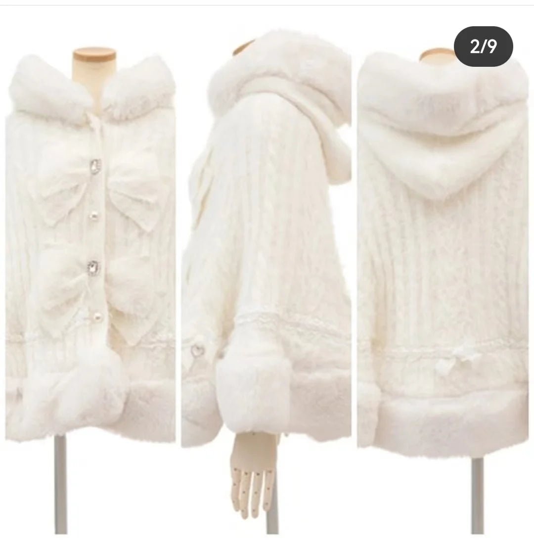 Japanese Liz Sweet Princess Faux Rabbit Fur Cape Coat Women Autumn Winter Fur Jacket Loose Clock Rhinestone Bow Hooded Coat - MAGUSTA BEAUTY