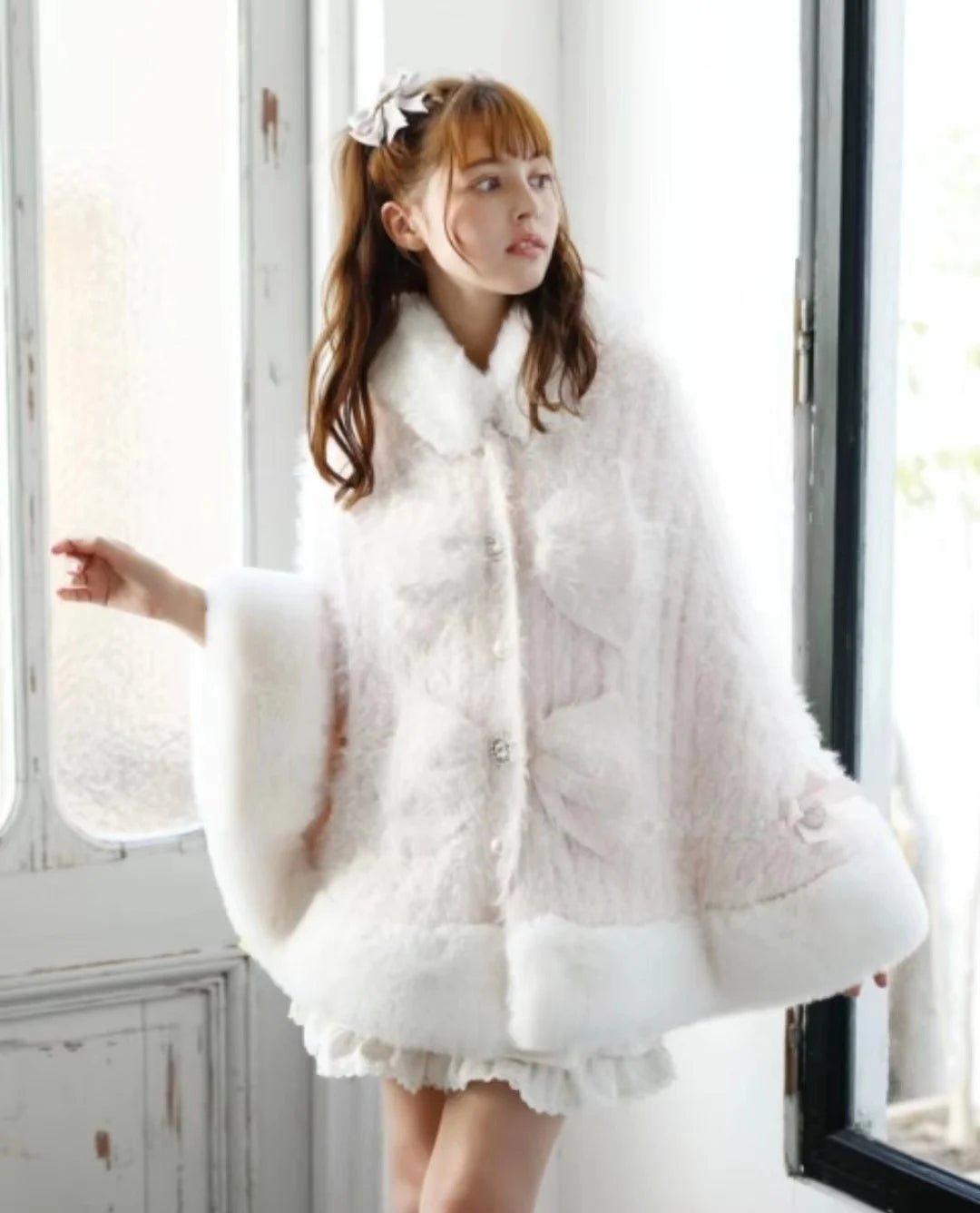 Japanese Liz Sweet Princess Faux Rabbit Fur Cape Coat Women Autumn Winter Fur Jacket Loose Clock Rhinestone Bow Hooded Coat - MAGUSTA BEAUTY
