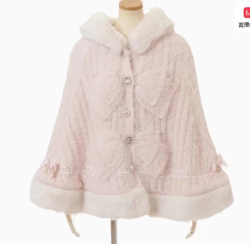 Japanese Liz Sweet Princess Faux Rabbit Fur Cape Coat Women Autumn Winter Fur Jacket Loose Clock Rhinestone Bow Hooded Coat - MAGUSTA BEAUTY