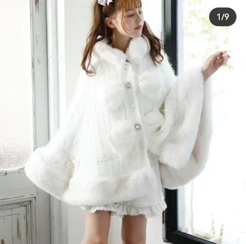Japanese Liz Sweet Princess Faux Rabbit Fur Cape Coat Women Autumn Winter Fur Jacket Loose Clock Rhinestone Bow Hooded Coat - MAGUSTA BEAUTY