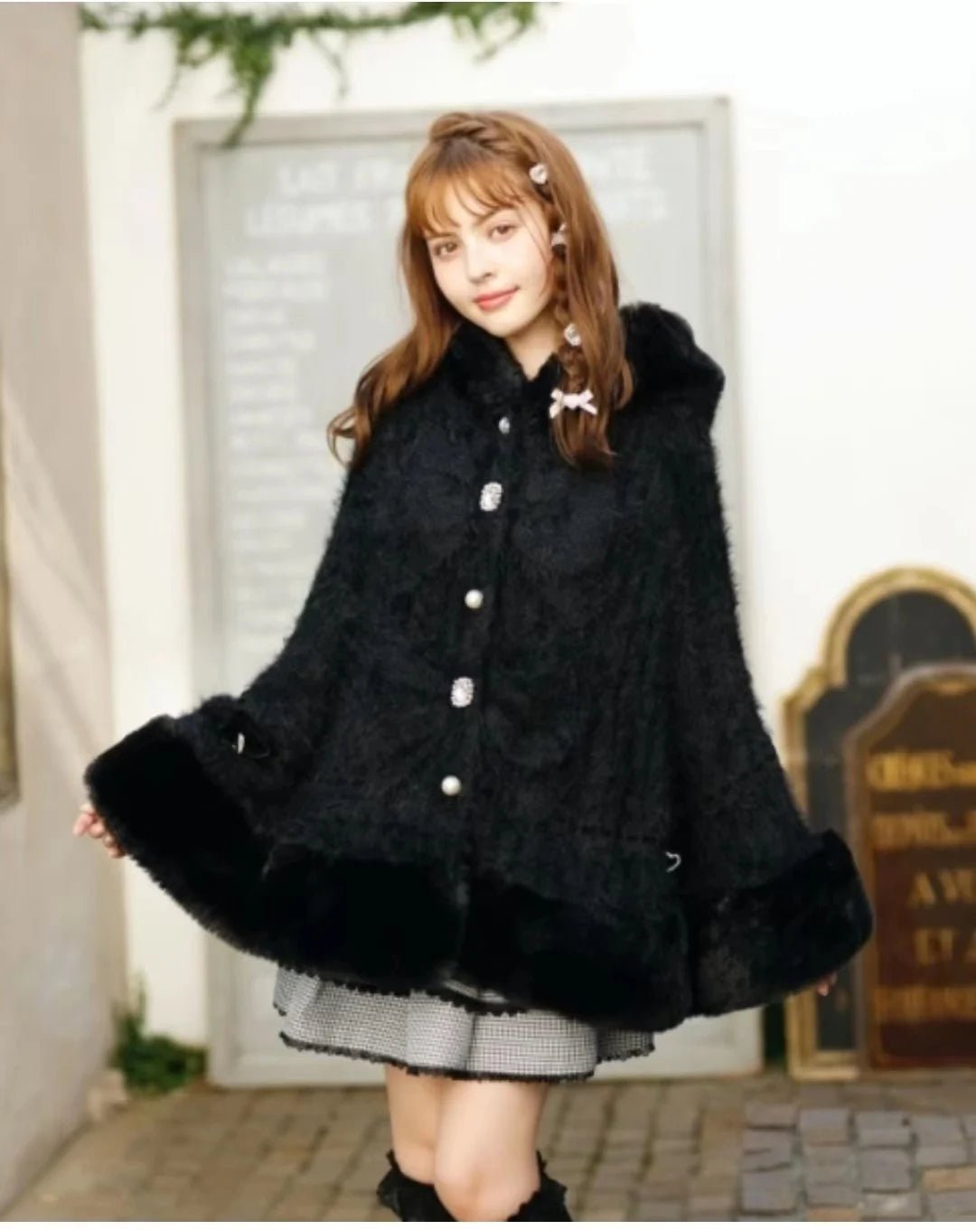 Japanese Liz Sweet Princess Faux Rabbit Fur Cape Coat Women Autumn Winter Fur Jacket Loose Clock Rhinestone Bow Hooded Coat - MAGUSTA BEAUTY