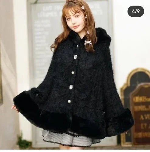 Japanese Liz Sweet Princess Faux Rabbit Fur Cape Coat Women Autumn Winter Fur Jacket Loose Clock Rhinestone Bow Hooded Coat - MAGUSTA BEAUTY