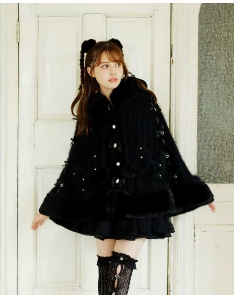 Japanese Liz Sweet Princess Faux Rabbit Fur Cape Coat Women Autumn Winter Fur Jacket Loose Clock Rhinestone Bow Hooded Coat - MAGUSTA BEAUTY