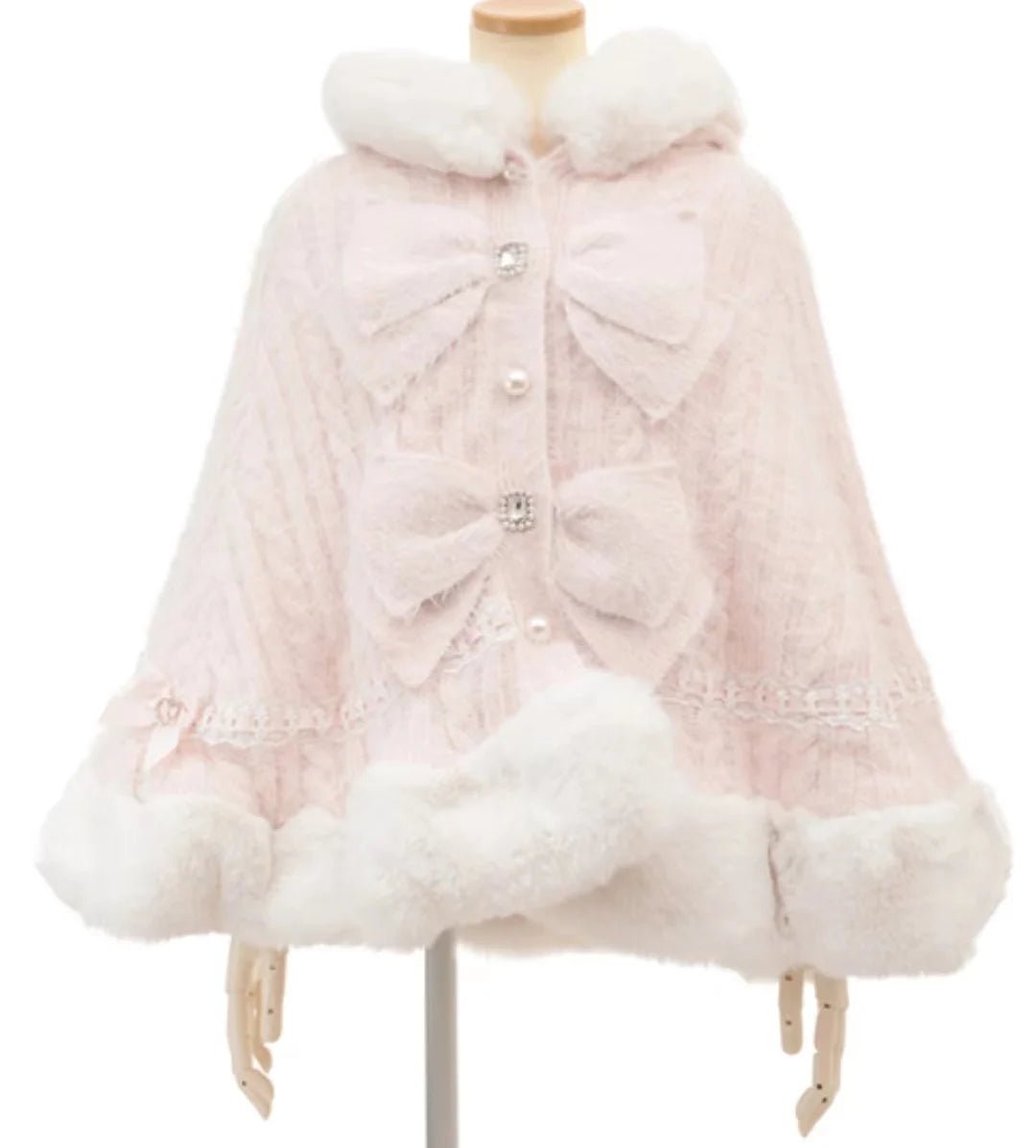 Japanese Liz Sweet Princess Faux Rabbit Fur Cape Coat Women Autumn Winter Fur Jacket Loose Clock Rhinestone Bow Hooded Coat - MAGUSTA BEAUTY