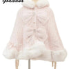 Japanese Liz Sweet Princess Faux Rabbit Fur Cape Coat Women Autumn Winter Fur Jacket Loose Clock Rhinestone Bow Hooded Coat - MAGUSTA BEAUTY