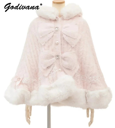 Japanese Liz Sweet Princess Faux Rabbit Fur Cape Coat Women Autumn Winter Fur Jacket Loose Clock Rhinestone Bow Hooded Coat - MAGUSTA BEAUTY