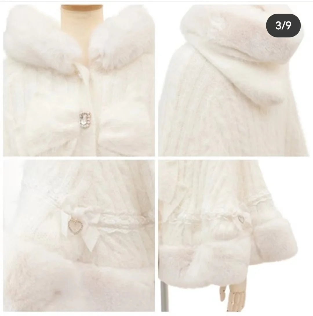 Japanese Liz Sweet Princess Faux Rabbit Fur Cape Coat Women Autumn Winter Fur Jacket Loose Clock Rhinestone Bow Hooded Coat - MAGUSTA BEAUTY