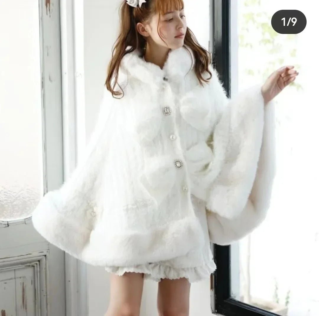 Japanese Liz Sweet Princess Faux Rabbit Fur Cape Coat Women Autumn Winter Fur Jacket Loose Clock Rhinestone Bow Hooded Coat - MAGUSTA BEAUTY