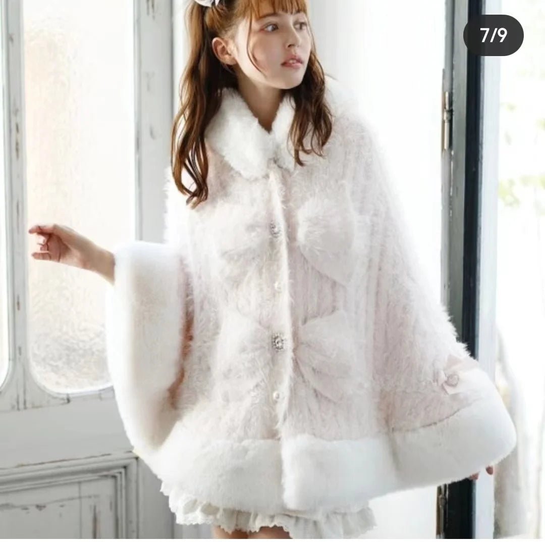 Japanese Liz Sweet Princess Faux Rabbit Fur Cape Coat Women Autumn Winter Fur Jacket Loose Clock Rhinestone Bow Hooded Coat - MAGUSTA BEAUTY
