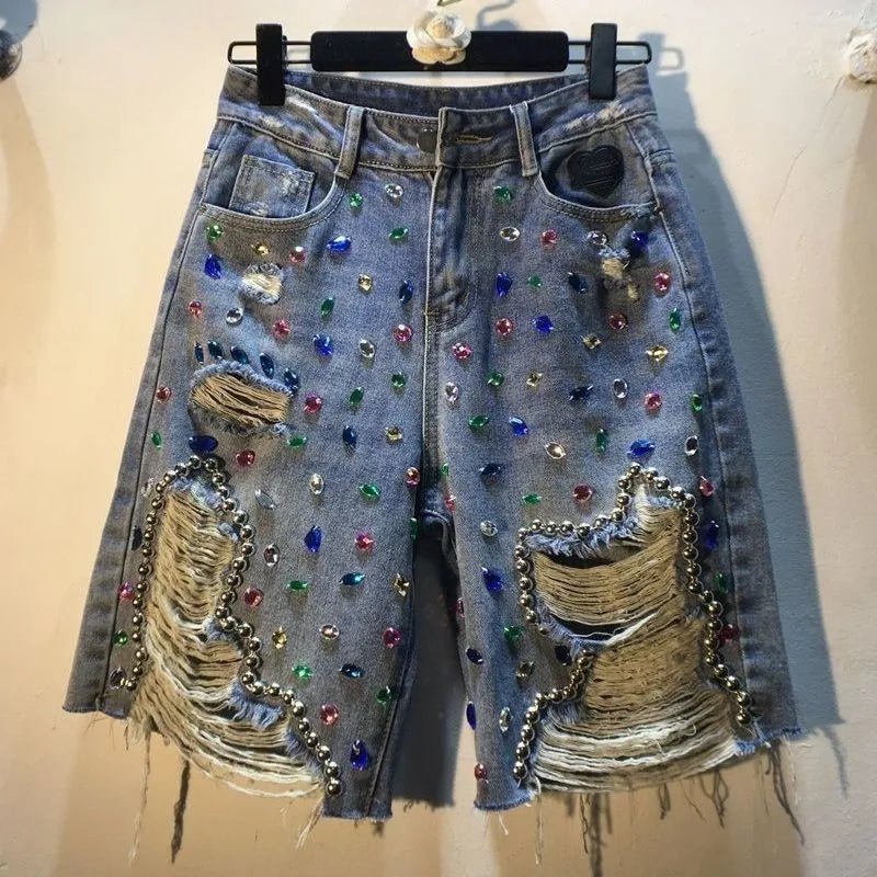 Jeans Hole Shorts Women Summer 2025 Short Pants High Waist Stretch Distressed Washed Diamonds Streetwear Straight Denims - MAGUSTA BEAUTY