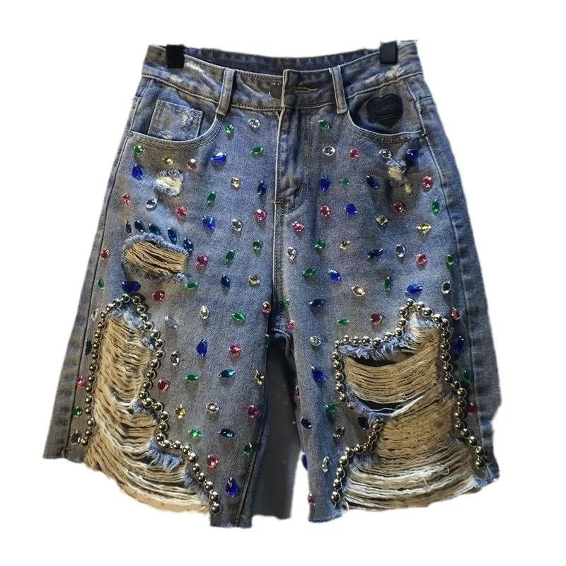 Jeans Hole Shorts Women Summer 2025 Short Pants High Waist Stretch Distressed Washed Diamonds Streetwear Straight Denims - MAGUSTA BEAUTY