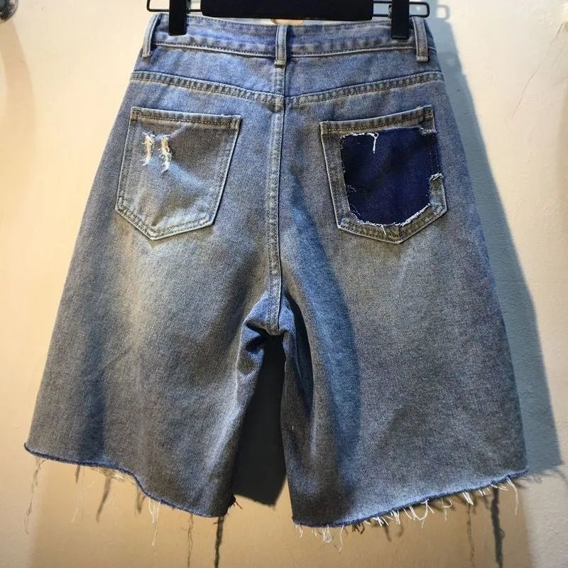 Jeans Hole Shorts Women Summer 2025 Short Pants High Waist Stretch Distressed Washed Diamonds Streetwear Straight Denims - MAGUSTA BEAUTY
