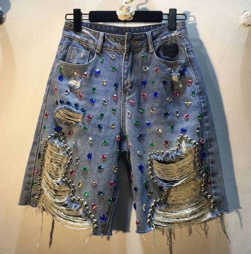 Jeans Hole Shorts Women Summer 2025 Short Pants High Waist Stretch Distressed Washed Diamonds Streetwear Straight Denims - MAGUSTA BEAUTY
