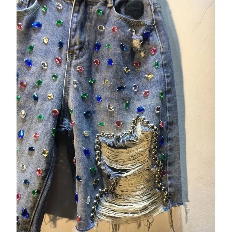 Jeans Hole Shorts Women Summer 2025 Short Pants High Waist Stretch Distressed Washed Diamonds Streetwear Straight Denims - MAGUSTA BEAUTY