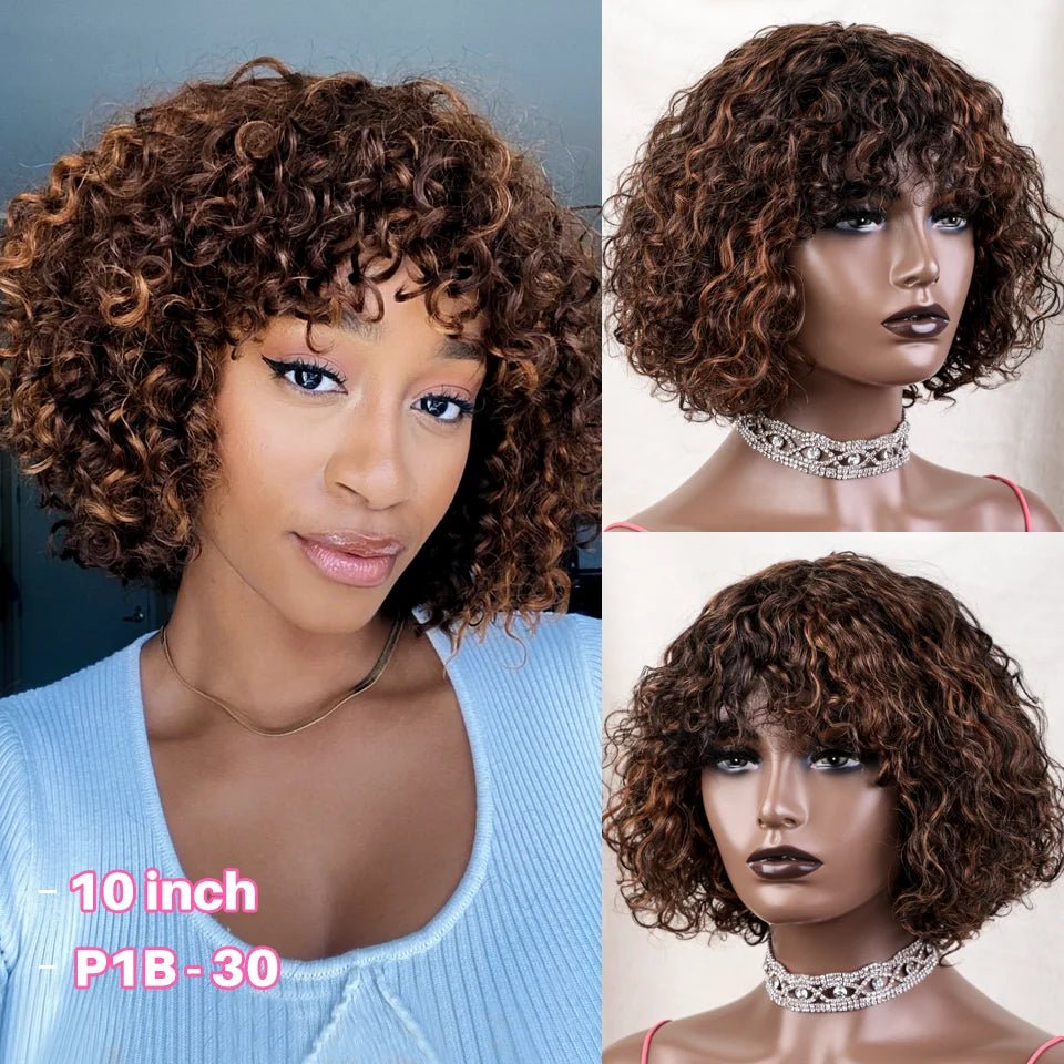 Jerry Curly Short Pixie Bob Cut Human Hair Wigs With Bangs For Women Wear To Go Peruvian Highlight Honey Water Wave Wigs - MAGUSTA BEAUTY