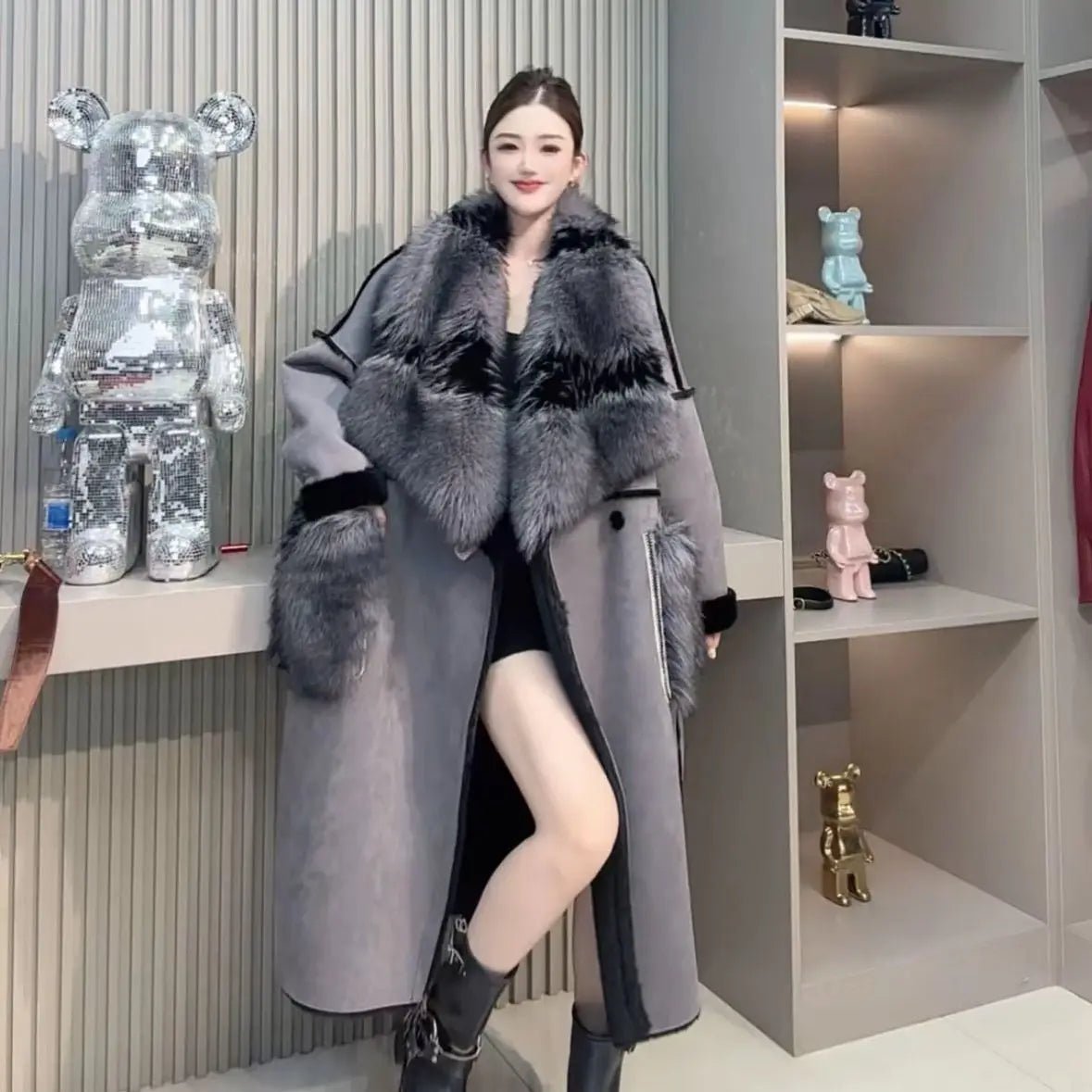 KEQIU Faux Deer Skin Furry Overcoat Thick Long Knee - Length Winter Fashion Stylish Look New - MAGUSTA BEAUTY