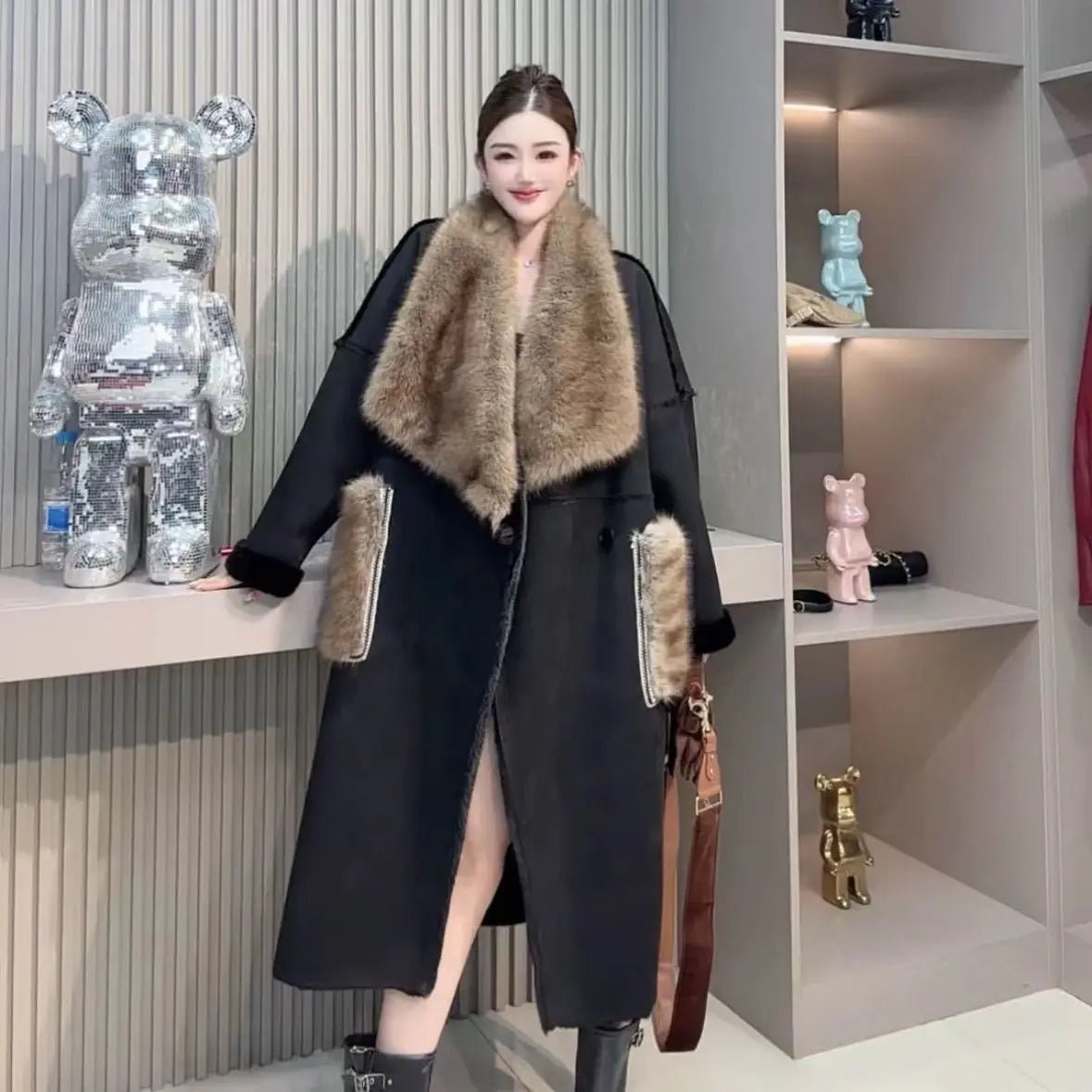 KEQIU Faux Deer Skin Furry Overcoat Thick Long Knee - Length Winter Fashion Stylish Look New - MAGUSTA BEAUTY
