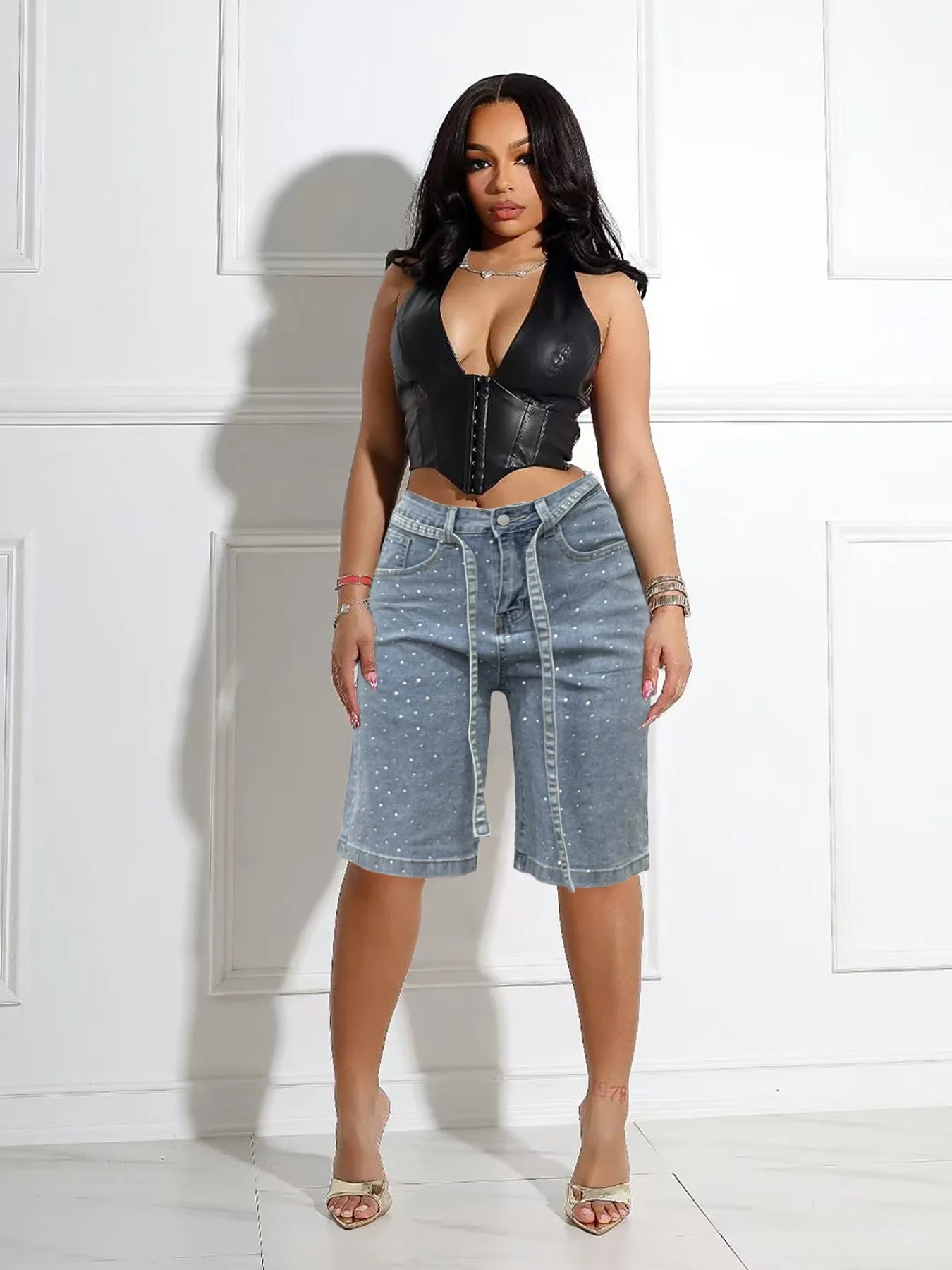 Knee Length Women Jeans High Waist Jean Denim Washed Pants Sashes Zipper Fly Distressed Straight Diamonds Summer Vintage - MAGUSTA BEAUTY