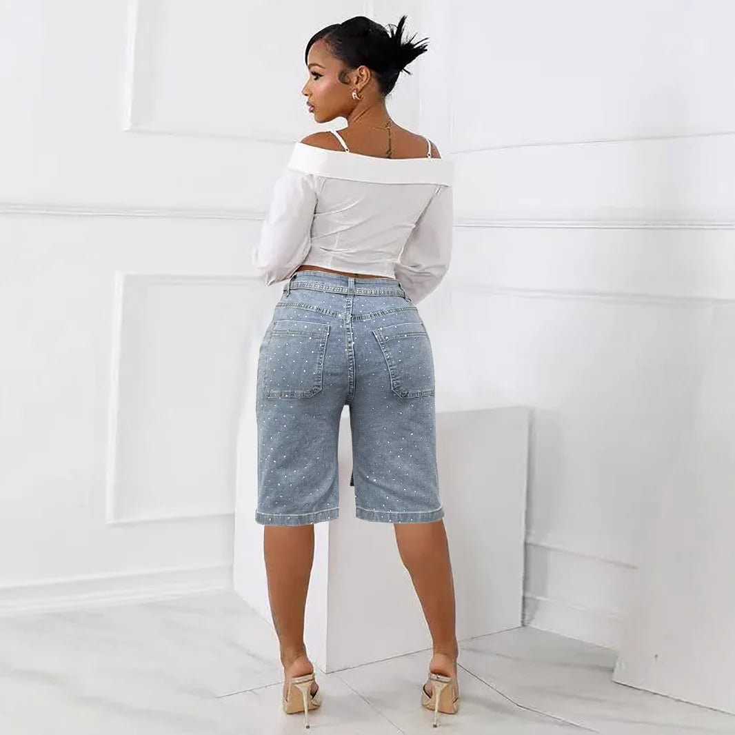 Knee Length Women Jeans High Waist Jean Denim Washed Pants Sashes Zipper Fly Distressed Straight Diamonds Summer Vintage - MAGUSTA BEAUTY