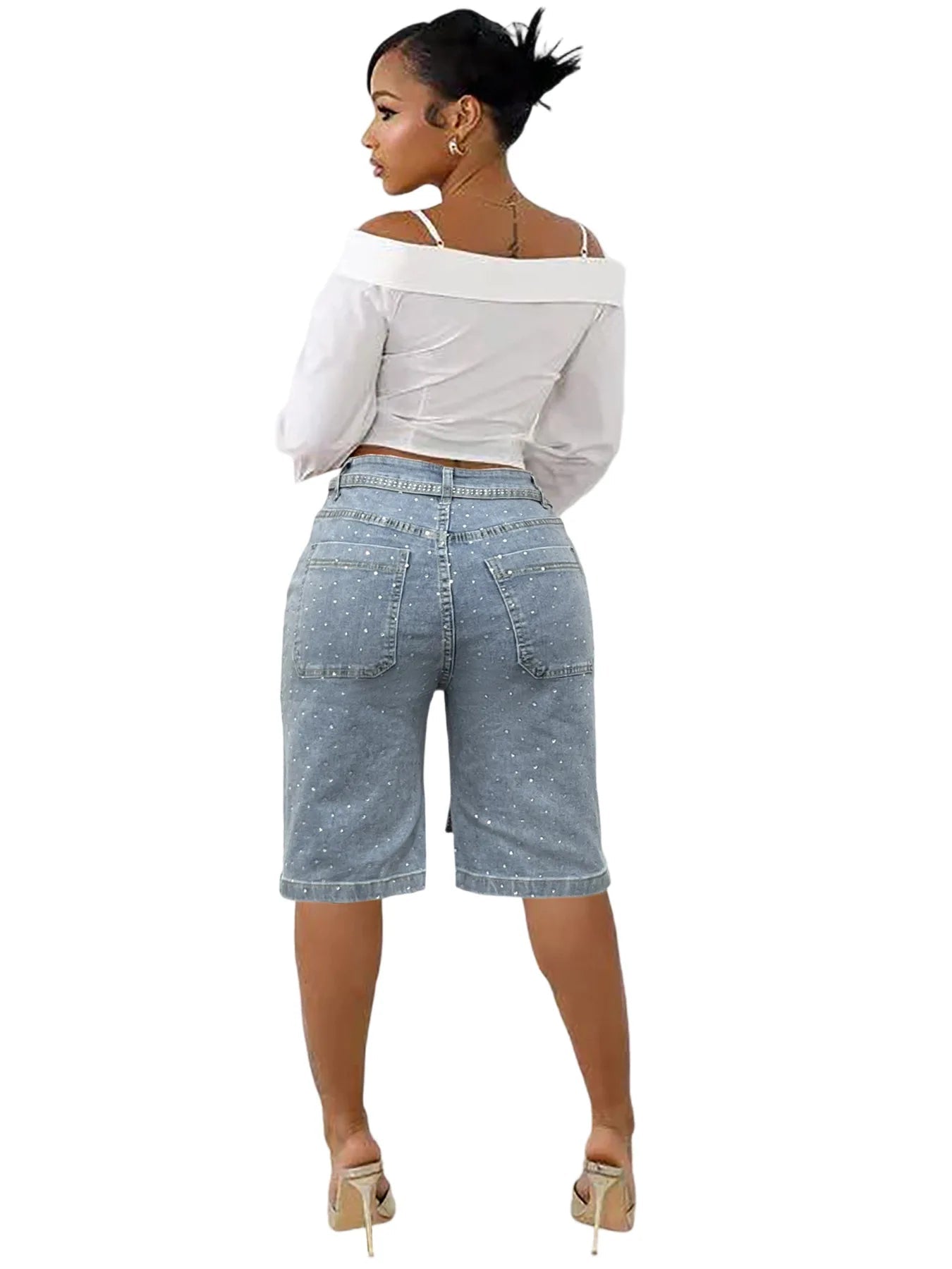 Knee Length Women Jeans High Waist Jean Denim Washed Pants Sashes Zipper Fly Distressed Straight Diamonds Summer Vintage - MAGUSTA BEAUTY