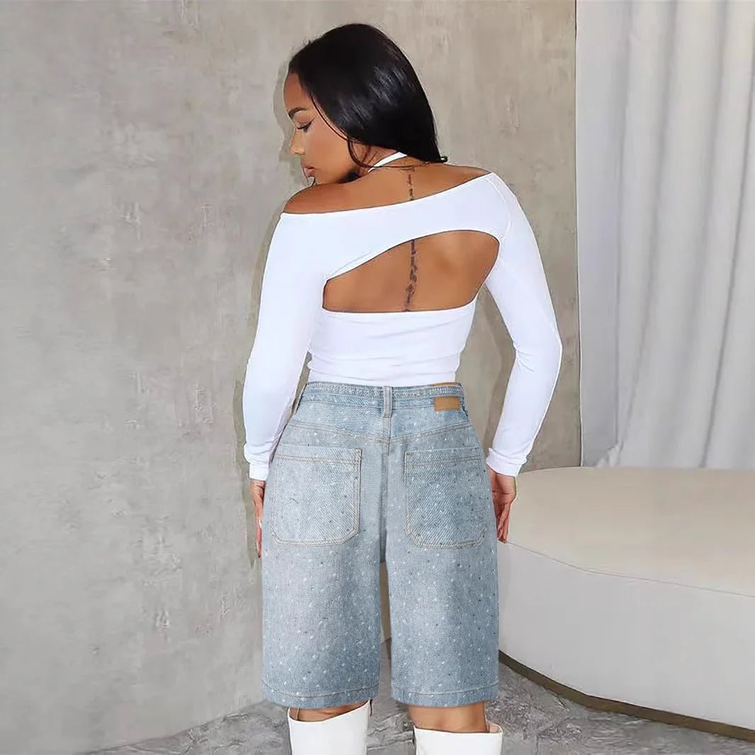 Knee Length Women Jeans High Waist Jean Denim Washed Pants Sashes Zipper Fly Distressed Straight Diamonds Summer Vintage - MAGUSTA BEAUTY