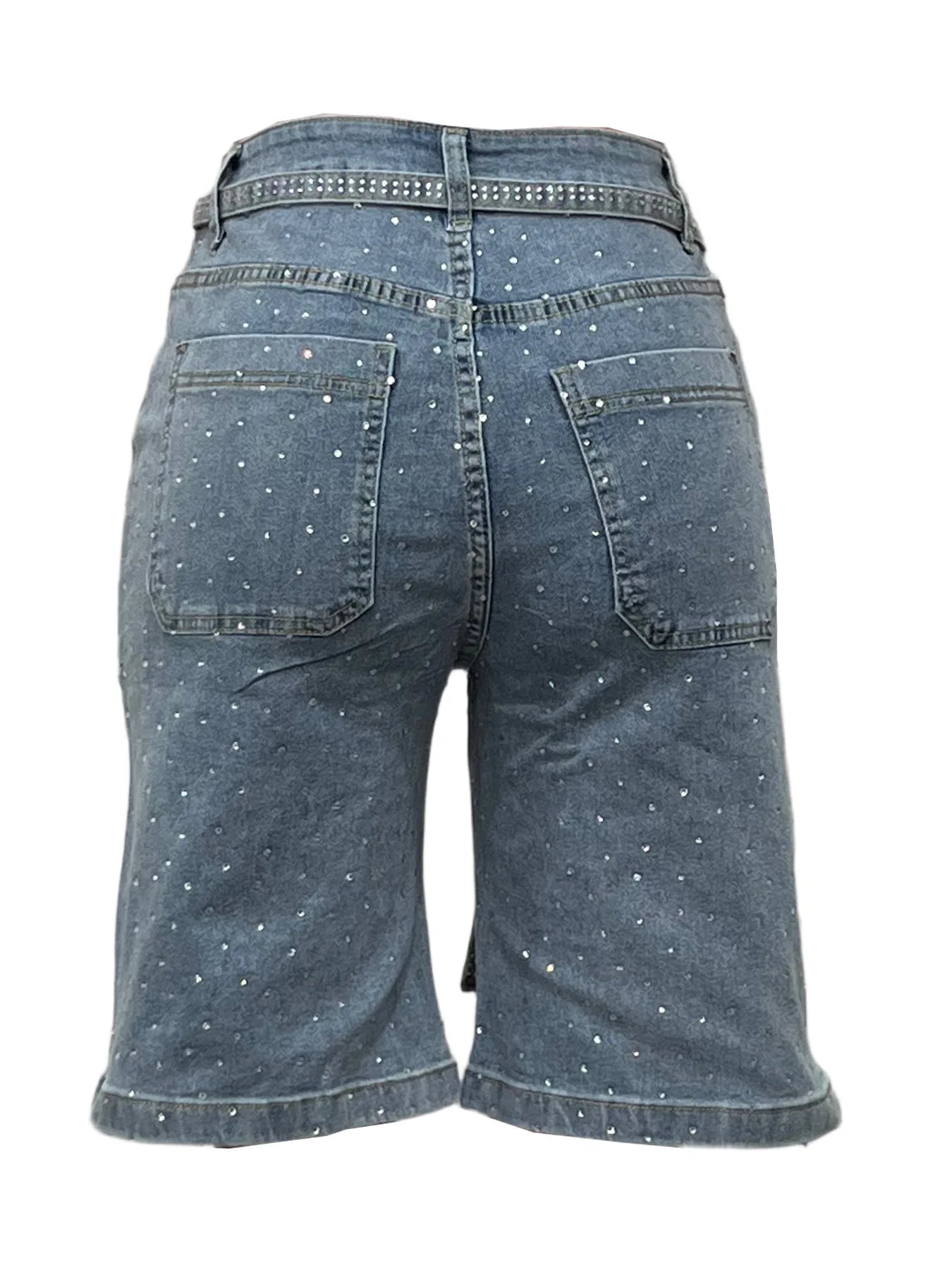 Knee Length Women Jeans High Waist Jean Denim Washed Pants Sashes Zipper Fly Distressed Straight Diamonds Summer Vintage - MAGUSTA BEAUTY