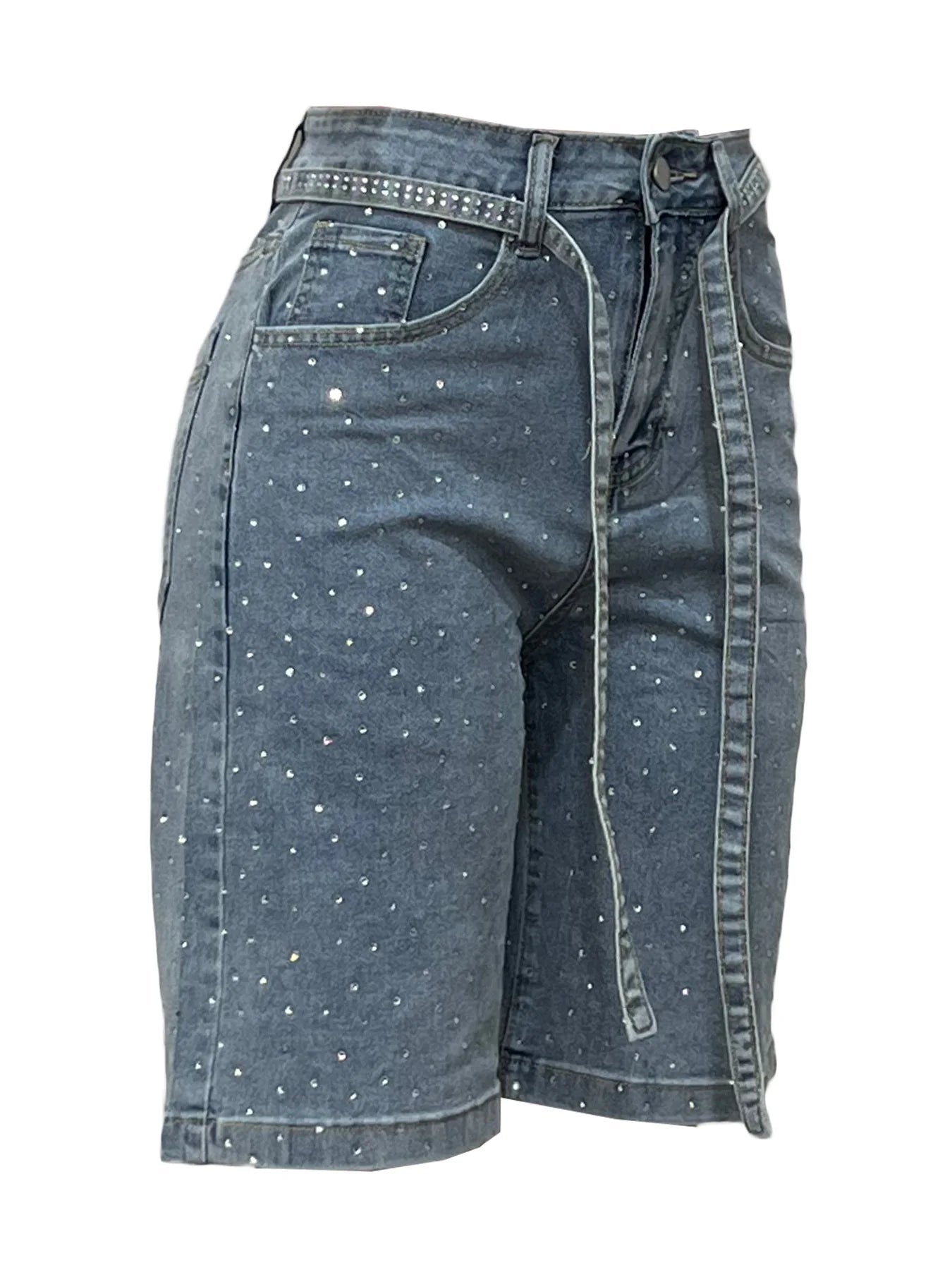 Knee Length Women Jeans High Waist Jean Denim Washed Pants Sashes Zipper Fly Distressed Straight Diamonds Summer Vintage - MAGUSTA BEAUTY