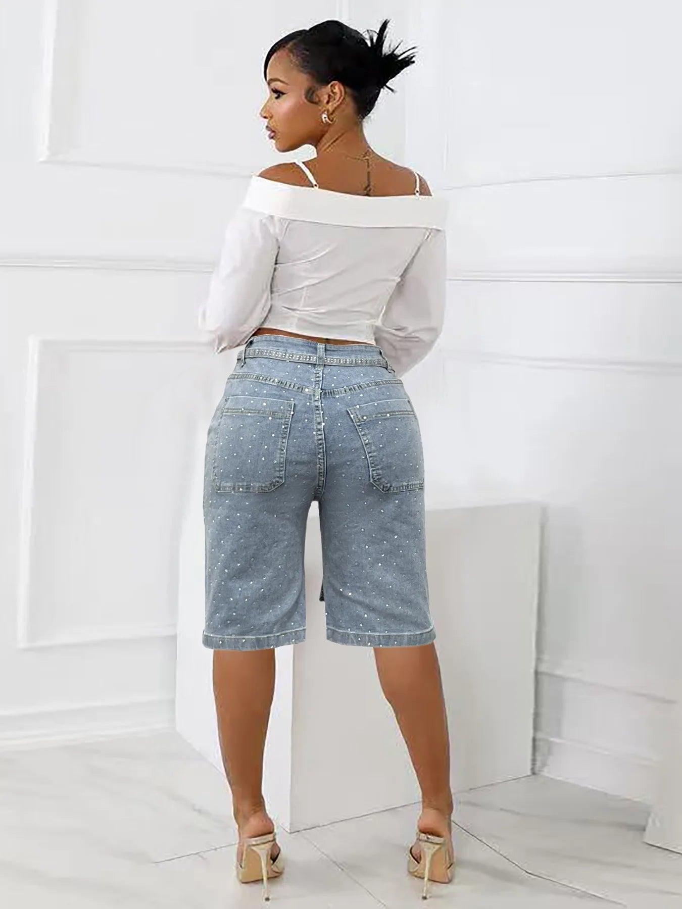Knee Length Women Jeans High Waist Jean Denim Washed Pants Sashes Zipper Fly Distressed Straight Diamonds Summer Vintage - MAGUSTA BEAUTY