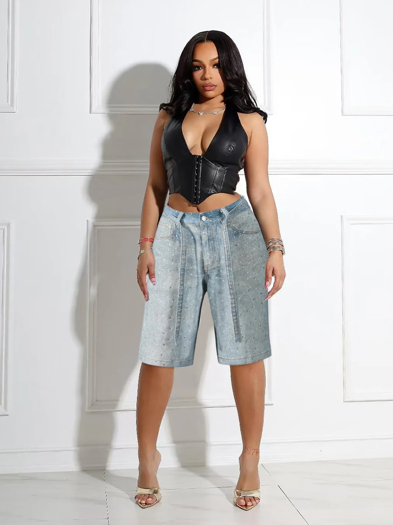 Knee Length Women Jeans High Waist Jean Denim Washed Pants Sashes Zipper Fly Distressed Straight Diamonds Summer Vintage - MAGUSTA BEAUTY