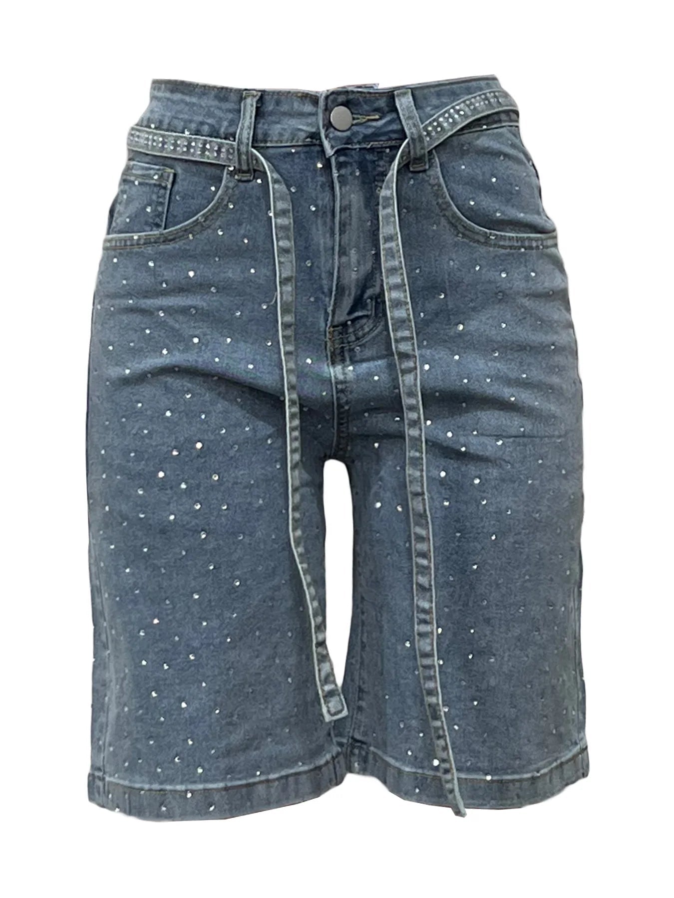 Knee Length Women Jeans High Waist Jean Denim Washed Pants Sashes Zipper Fly Distressed Straight Diamonds Summer Vintage - MAGUSTA BEAUTY
