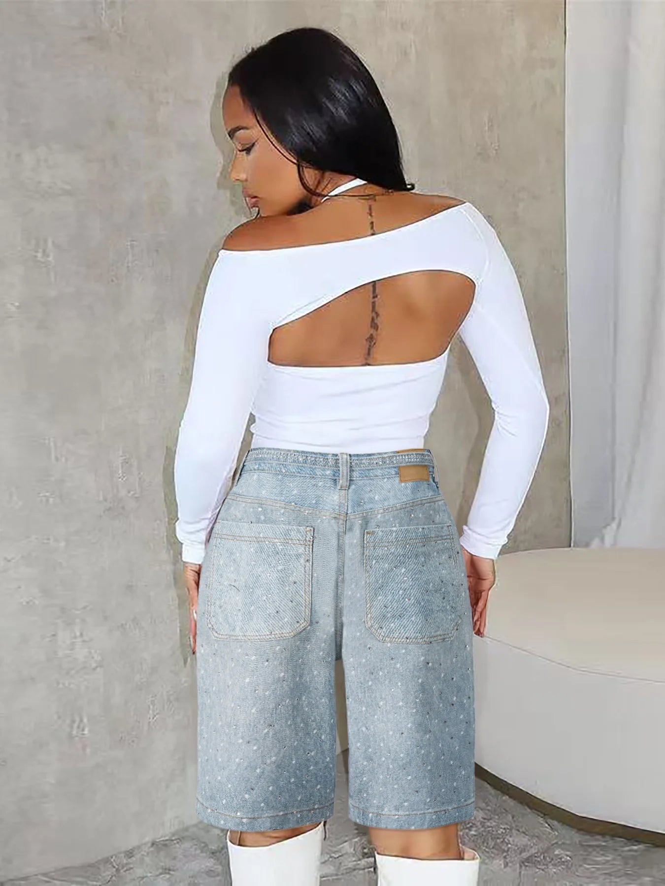Knee Length Women Jeans High Waist Jean Denim Washed Pants Sashes Zipper Fly Distressed Straight Diamonds Summer Vintage - MAGUSTA BEAUTY