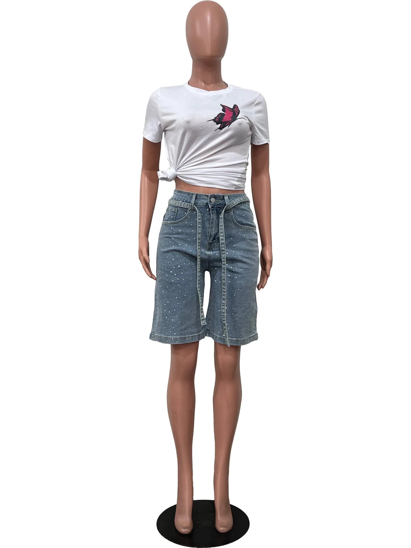 Knee Length Women Jeans High Waist Jean Denim Washed Pants Sashes Zipper Fly Distressed Straight Diamonds Summer Vintage - MAGUSTA BEAUTY