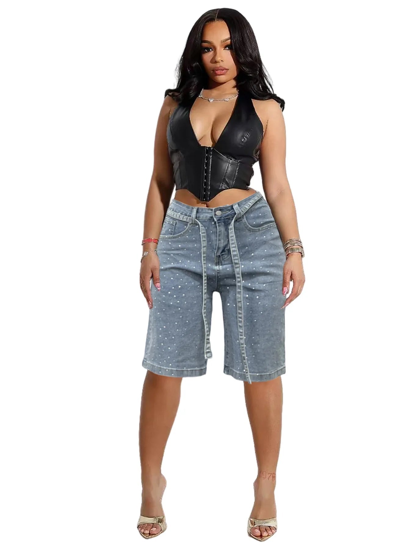 Knee Length Women Jeans High Waist Jean Denim Washed Pants Sashes Zipper Fly Distressed Straight Diamonds Summer Vintage - MAGUSTA BEAUTY