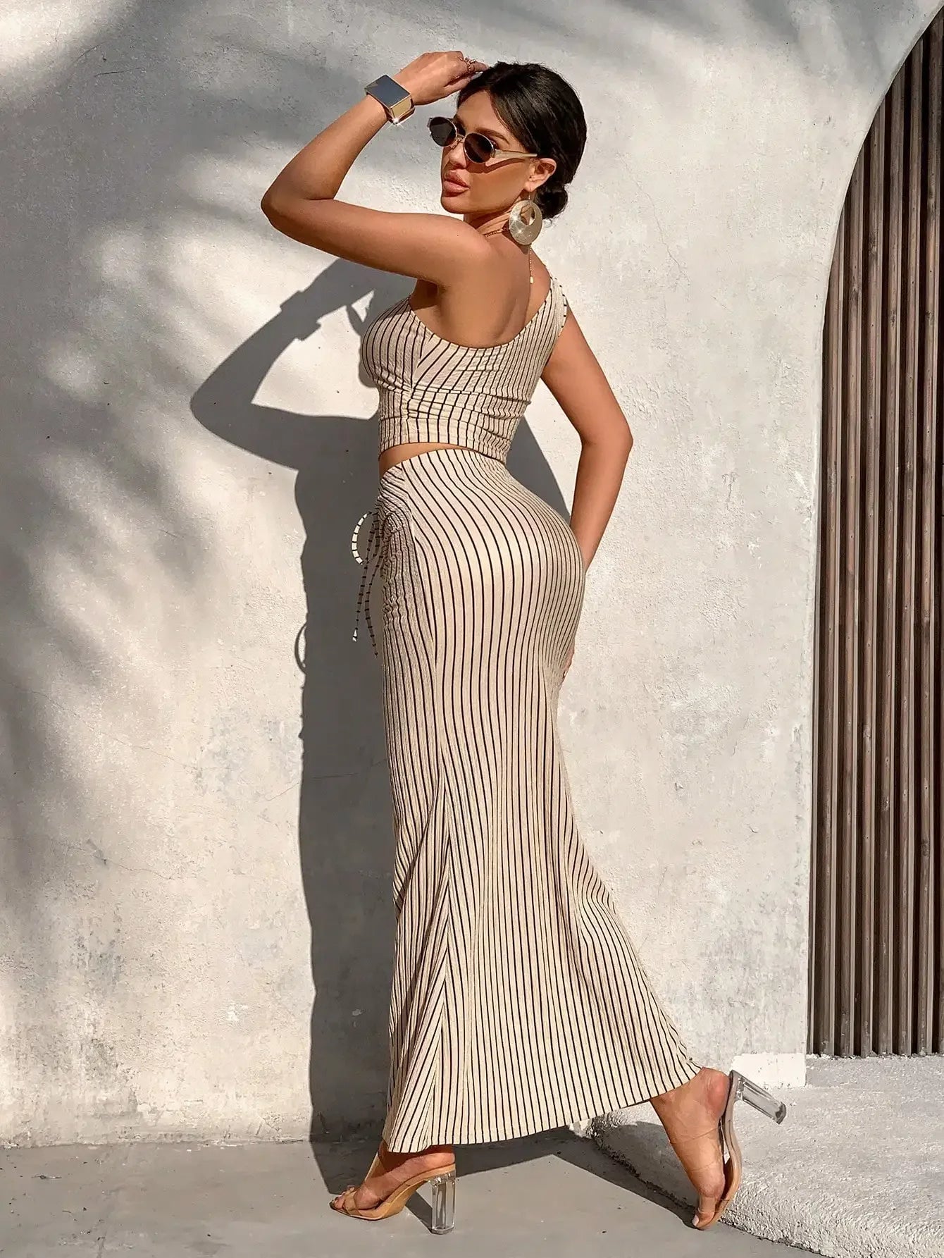 Ladies Casual Stripe Shoulder Pleated Short Top And Pleated Mermaid Skirt Two - Piece Set - MAGUSTA BEAUTY