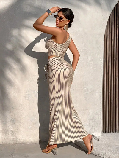 Ladies Casual Stripe Shoulder Pleated Short Top And Pleated Mermaid Skirt Two - Piece Set - MAGUSTA BEAUTY