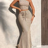 Ladies Casual Stripe Shoulder Pleated Short Top And Pleated Mermaid Skirt Two - Piece Set - MAGUSTA BEAUTY