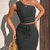 Ladies Casual Stripe Shoulder Pleated Short Top And Pleated Mermaid Skirt Two - Piece Set - MAGUSTA BEAUTY