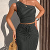 Ladies Casual Stripe Shoulder Pleated Short Top And Pleated Mermaid Skirt Two - Piece Set - MAGUSTA BEAUTY