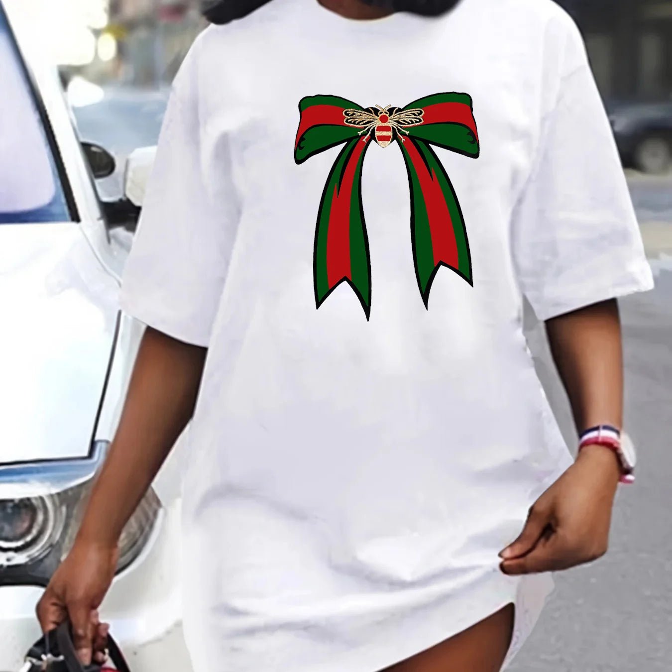 Ladies' spring and summer casual loose plus size bee bow pattern printed round neck short sleeved T-shirt dress - MAGUSTA BEAUTY