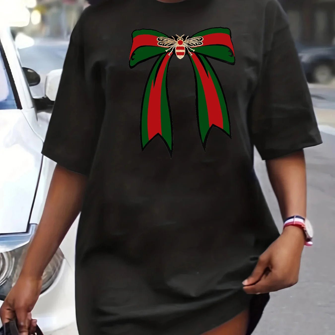 Ladies' spring and summer casual loose plus size bee bow pattern printed round neck short sleeved T-shirt dress - MAGUSTA BEAUTY