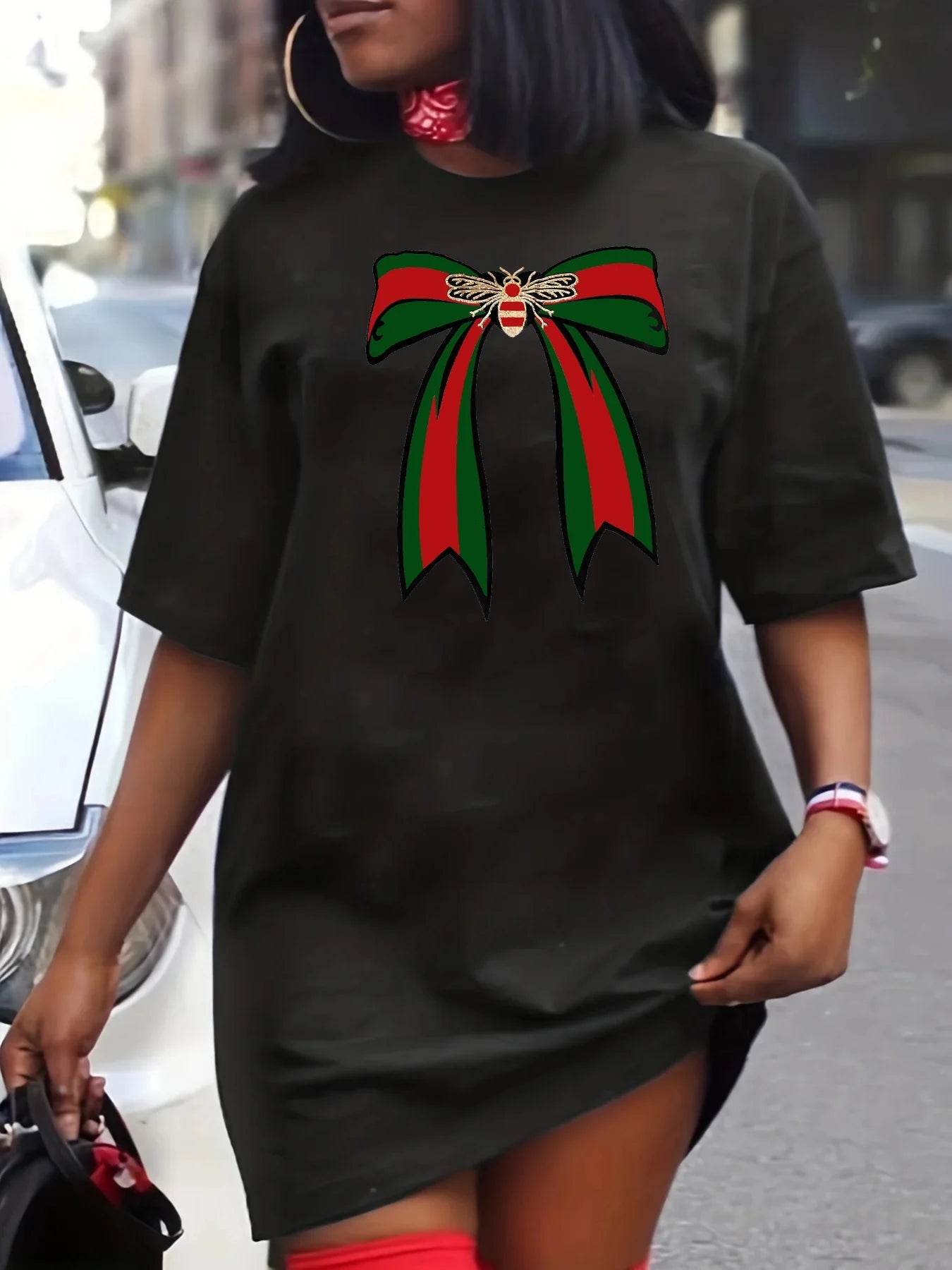 Ladies' spring and summer casual loose plus size bee bow pattern printed round neck short sleeved T-shirt dress - MAGUSTA BEAUTY