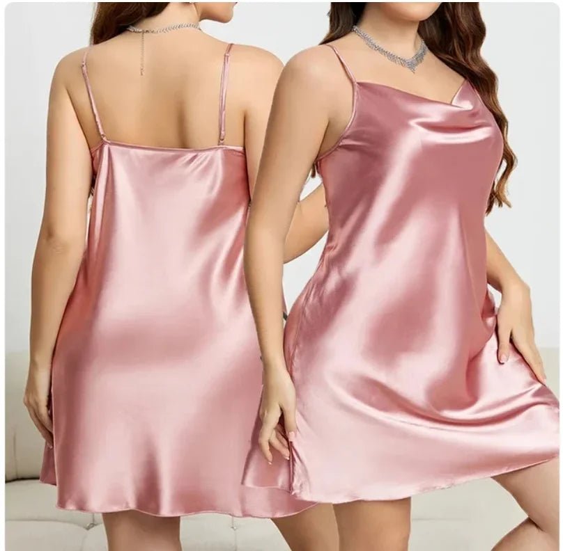 Large Size 3XL 4XL 5XL Female Nightgown Sexy Suspender Nightdress Pink Chemise Sleepwear Bathrobe Loose Satin Home Dressing Gown - MAGUSTA BEAUTY